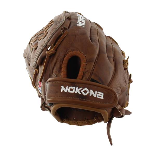 Top-down view of a brown Nokona softball glove with white Nokona branding and a laced web.