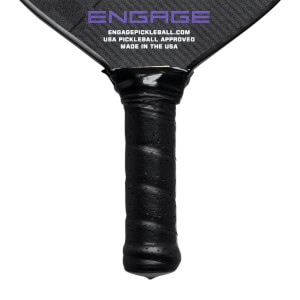 Close-up of a black pickleball paddle grip with perforations and Engage branding.