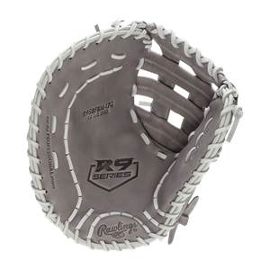 Inside view of a gray Rawlings R9 Series first base mitt with white lacing and R9 SERIES logo.