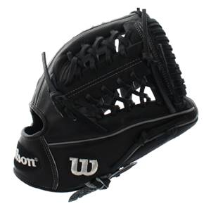 Side view of a black baseball glove with white stitching and a W logo.