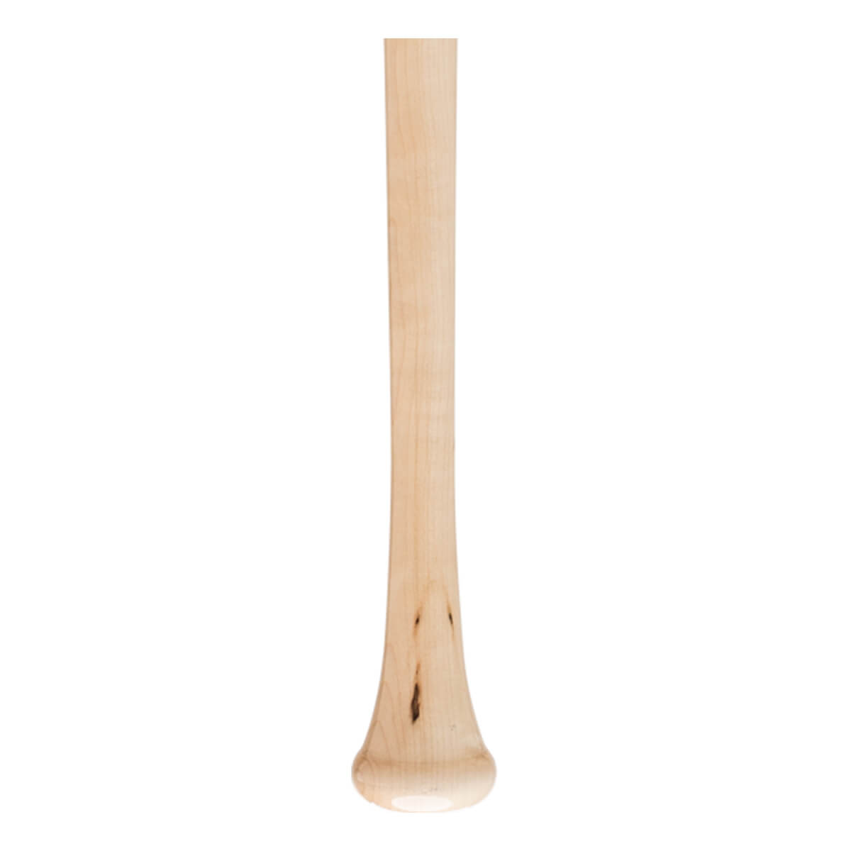 Front view of a light brown maple wood baseball bat with a tapered handle, rounded knob, and natural wood grain.