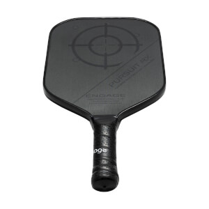 Top-down view of a black pickleball paddle with a target design, PURSUIT RX text, and ENGAGE branding.