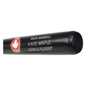 Close-up of a black Louisville Slugger youth baseball bat with HARD MAPLE text and a maple leaf logo.