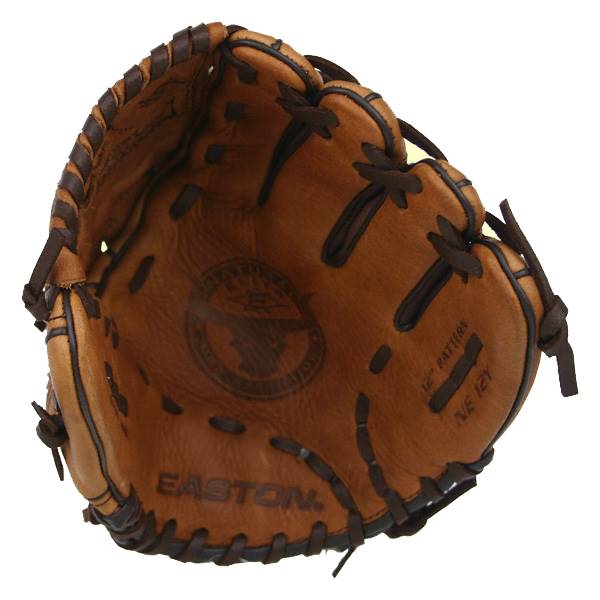 Top-down view of a brown baseball glove with EASTON branding and NE 12Y text.
