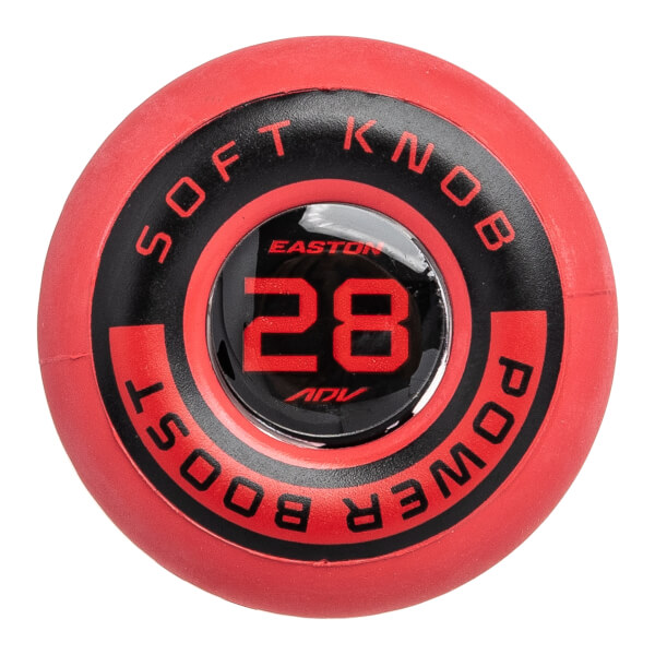 Top-down view of a red baseball bat knob with EASTON 28 ADV and SOFT KNOB POWER BOOST text.