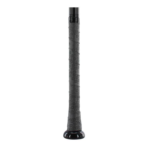 Close-up of a black baseball bat grip with a repeating circular pattern and a black end cap.