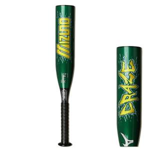 Side view of a green softball bat with yellow MIZUNO and CRAZE text and a black grip.