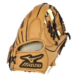 Side view of a tan baseball glove with black lacing and a Mizuno logo.