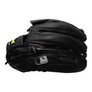 Side view of a black baseball glove with MLB logo and yellow Wilson branding.