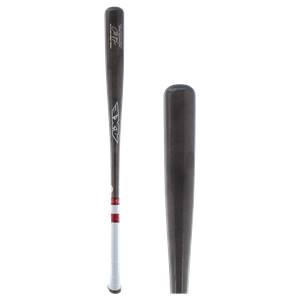 Side view of a dark wood baseball bat with white grip and red accents, showing AXE logo.
