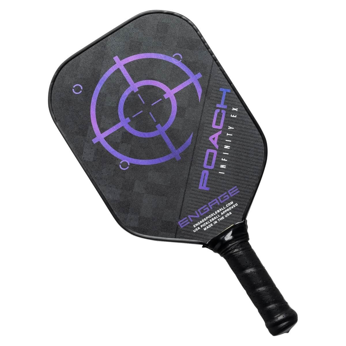 Top-down view of a black pickleball paddle with a purple target design and POACH INFINITY EX text.