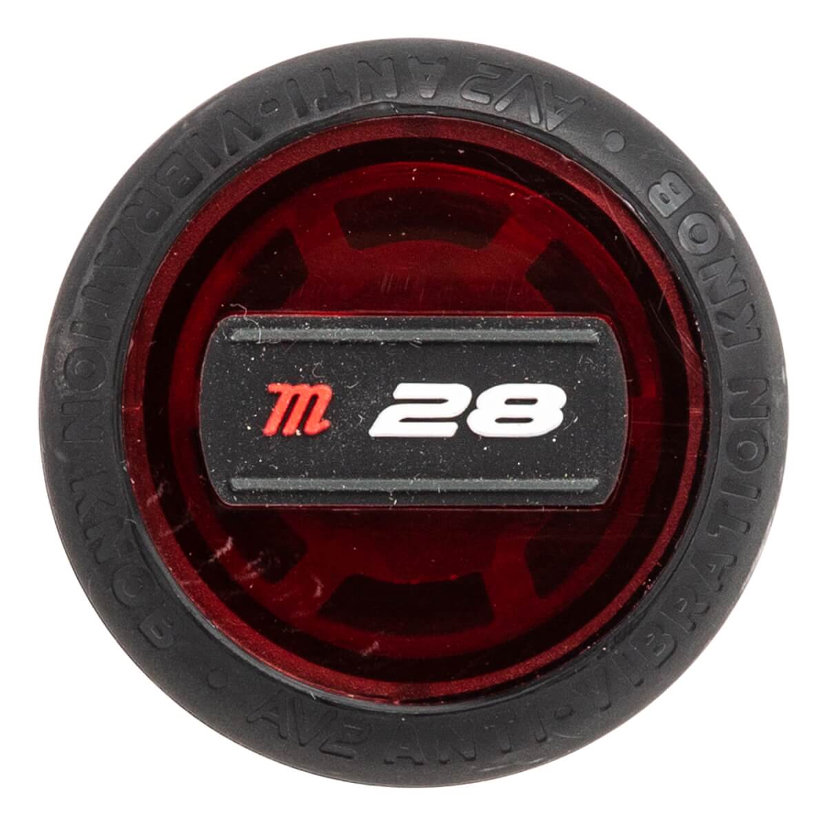 Top-down view of a red baseball bat knob with black lettering and a red m logo.