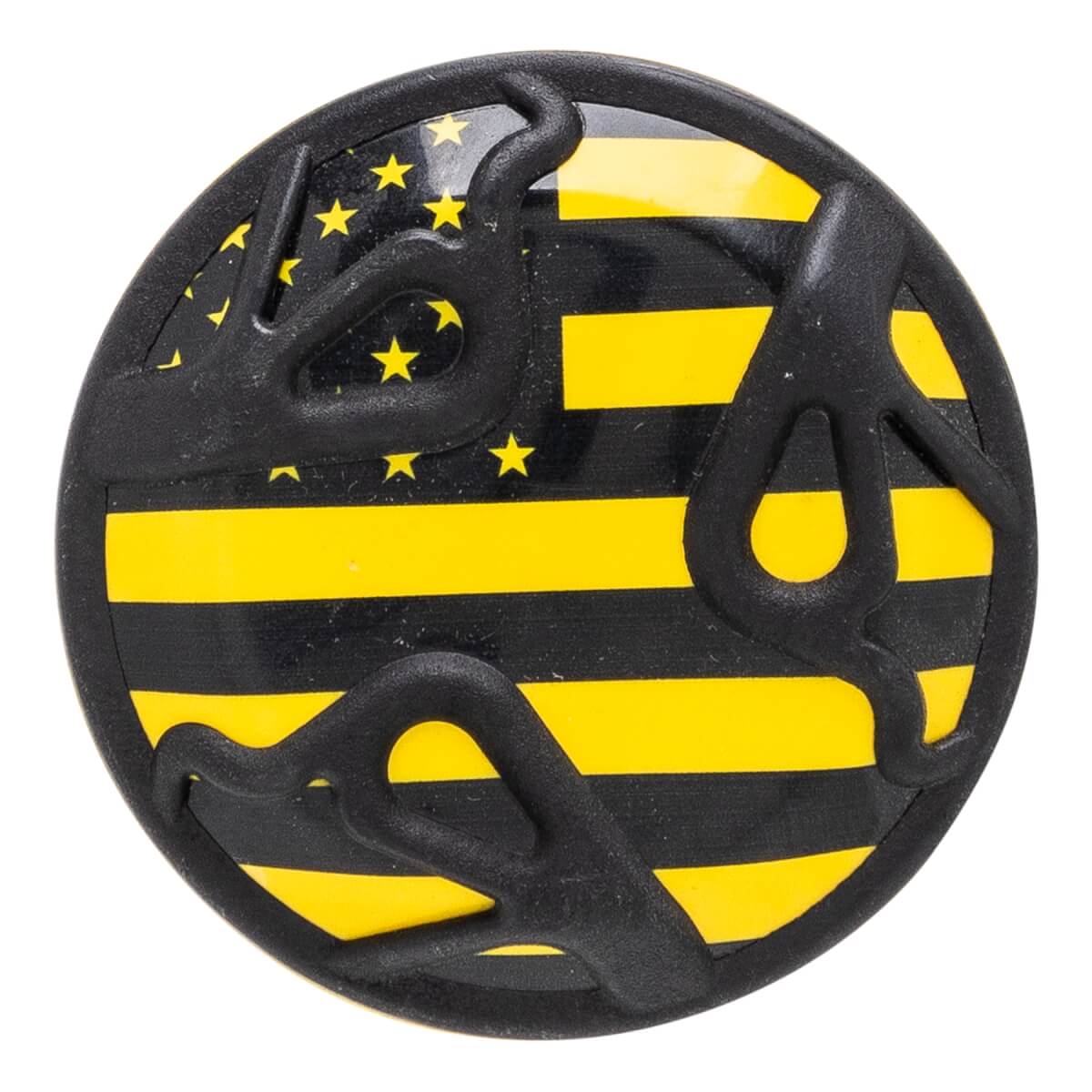 Top-down view of a black baseball bat end cap with yellow stripes and black snake graphics.