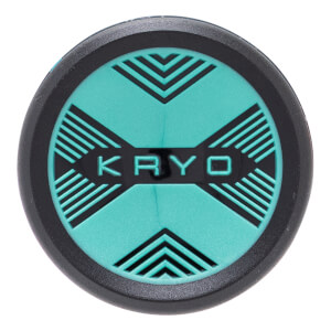 Top-down view of the circular end cap featuring a teal and black geometric design with the word KRYO displayed across the center.