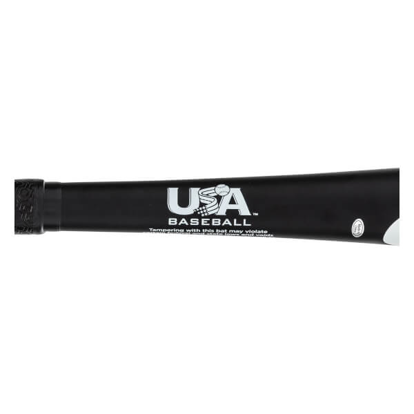 Side view of a black baseball bat with USA BASEBALL logo and a white end cap.