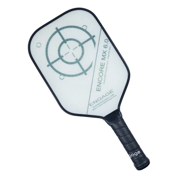 Top-down view of a white pickleball paddle with a target graphic and ENGAGE branding.