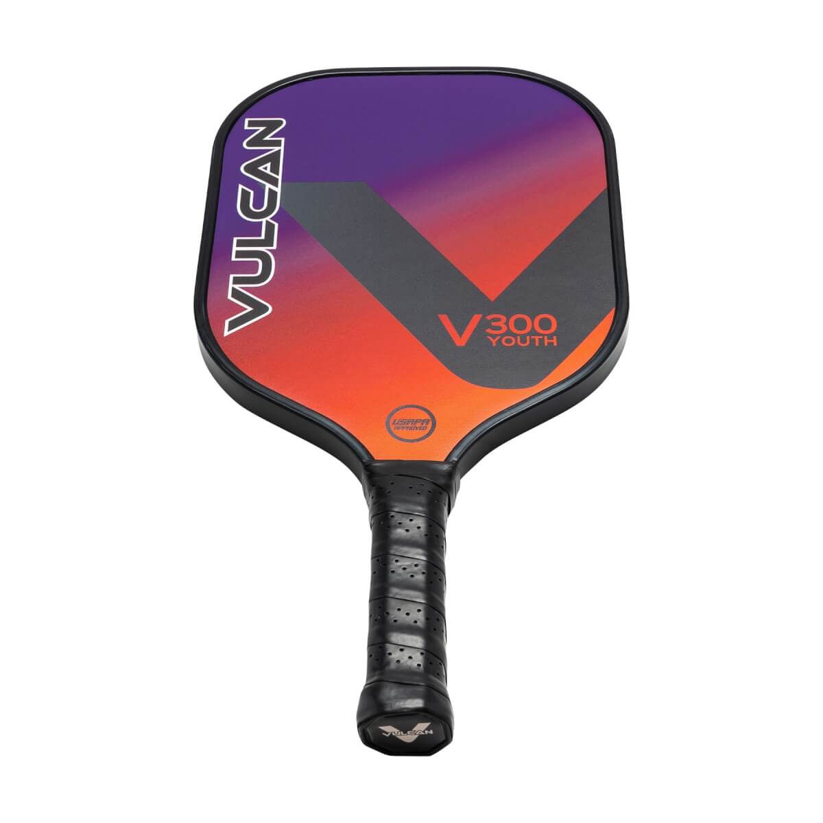 Front view of a multicolor pickleball paddle with VULCAN text and V300 YOUTH graphic.