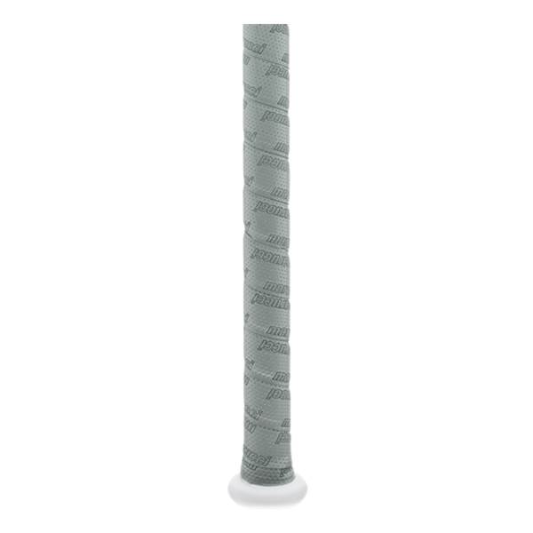 Close-up of a gray baseball bat grip with repeating Marucci branding and a white knob.
