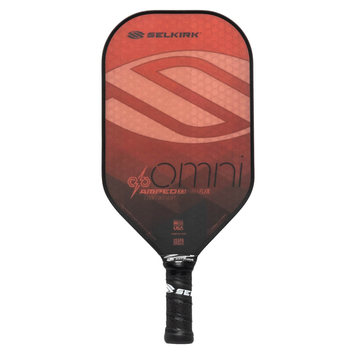 Front view of a red and black pickleball paddle with Selkirk and Omni branding.