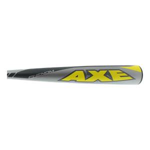 Side view of a gray and yellow baseball bat with PHENOM and AXE logos.