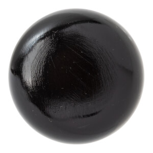 Close-up of the knob of a black one-hand training bat with a glossy finish.