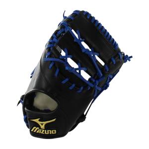 Side view of a black baseball glove with blue lacing and a gold Mizuno logo.