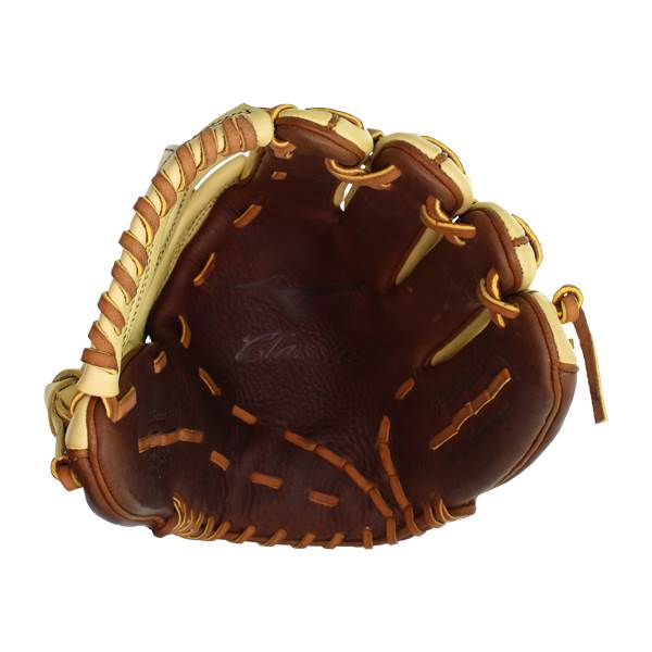 Interior view of a brown baseball glove with tan lacing and a debossed Mizuno logo.