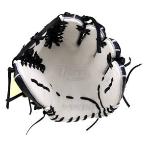Top-down view of a white baseball glove with black lacing and a Worth logo.