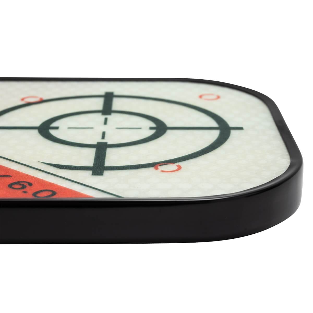 Corner view of a white pickleball paddle with a black target design and red 6.0 marking.