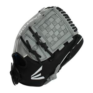 Side view of a black and gray Easton fastpitch softball glove with a checkered web and white Easton logo.