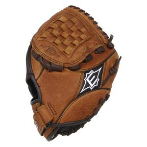 Top-down view of a brown baseball glove with a woven pocket and white Easton logo.