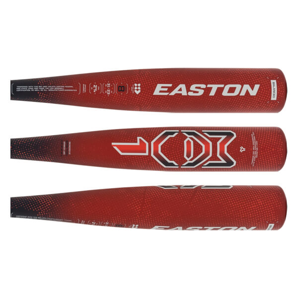 Top view of a red Easton baseball bat with a textured pattern and EASTON logo.