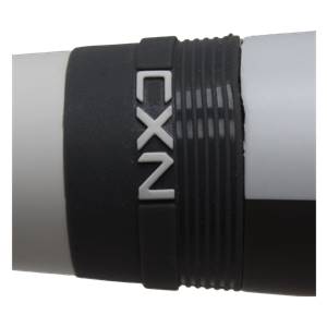 Close-up of a black baseball bat grip with white CXN lettering and ribbed texture.