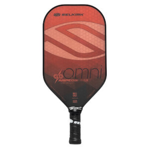 Front view of a red and black pickleball paddle with Selkirk and Omni branding.