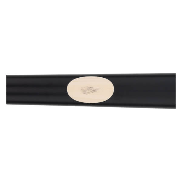 Close-up of a black baseball bat with a light oval wood grain patch.