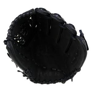 Top-down view of a black baseball glove with EPS and MIKEN branding.