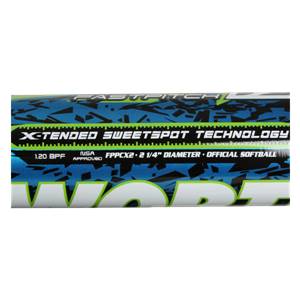 Close-up of a blue fastpitch softball bat with green accents, showing X-TENDED SWEETSPOT TECHNOLOGY and FPPCX2.