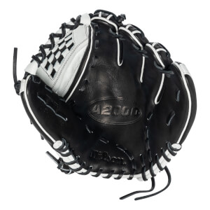 Front view of a black Wilson A2000 P12 fastpitch glove with white lacing, a checkered web, and the words "A2000" and "Wilson" embossed on the palm.