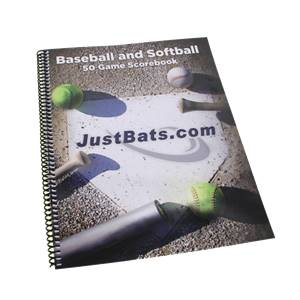 Front view of a spiral-bound scorebook with Baseball and Softball 50 Game Scorebook and JustBats.com text, baseballs, and bats.