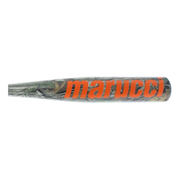 Side view of a camouflage baseball bat with orange Marucci branding.
