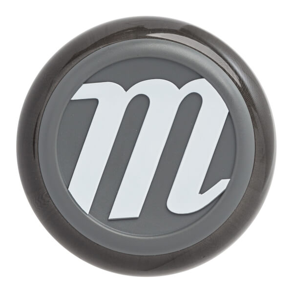 Top-down view of a black baseball bat with a gray circular logo and a white m.