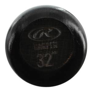 End view of a black baseball bat with Rawlings logo, HARPER, and 32 engraved.