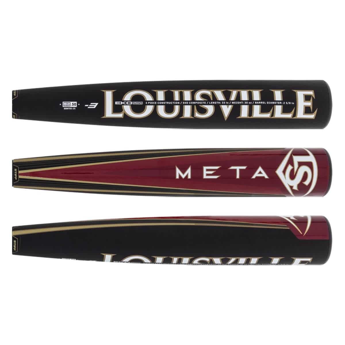 Top view of a black Louisville Slugger Meta baseball bat with white text and gold accents.