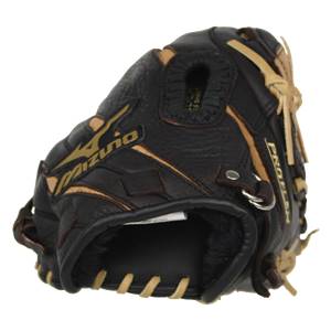 Corner view of a black Mizuno baseball glove with tan lacing and PRO-FLEX text.