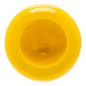 Top-down view of a yellow baseball bat with a glossy cupped end and visible wood grain inside.