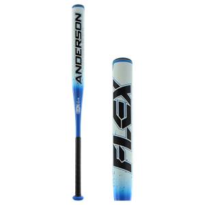Side view of a blue and white softball bat with ANDERSON and FLEX branding.