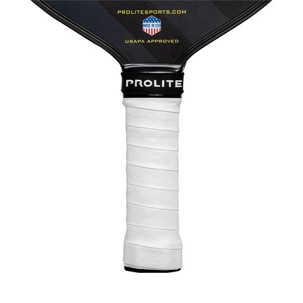 Close-up of a white pickleball paddle grip with black PROLITE branding and USAPA APPROVED text.