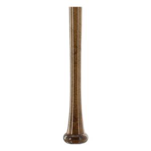 Close-up of a brown baseball bat with a tapered handle and rounded knob.