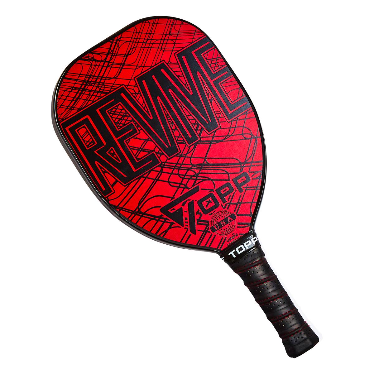 Top-down view of a red pickleball paddle with black REVIVE and TOPP branding and a textured grip.