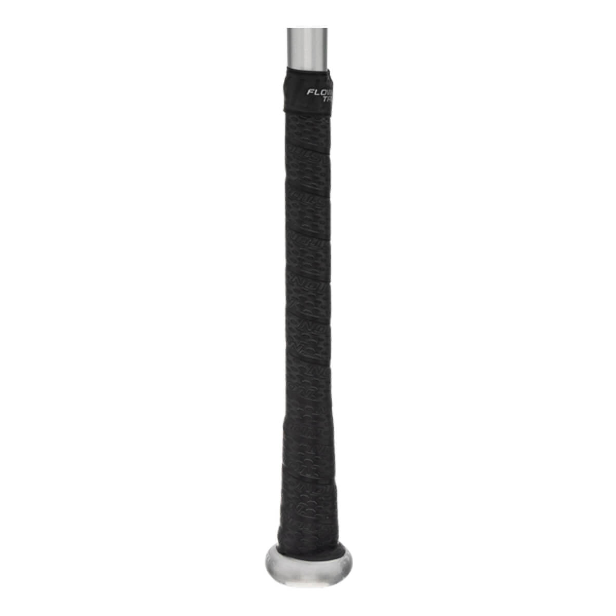 Close-up of a black baseball bat grip with FLOW text and a silver end cap.